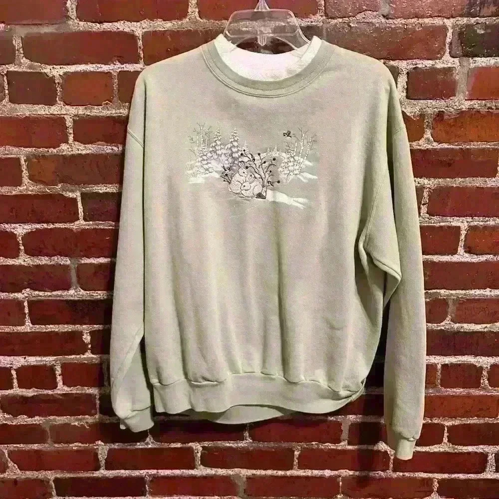 Vintage Top Stitch by Morning Sun Winter Scene Sweatshirt - Sage Green, XL